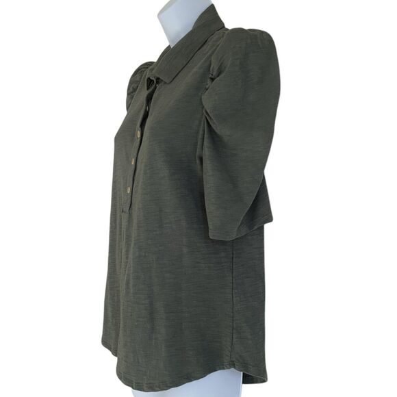 Chico’s Puff Sleeve Slub Cotton Modal Collared Henley Snap Dark Moss Size 0/S - Picture 4 of 10